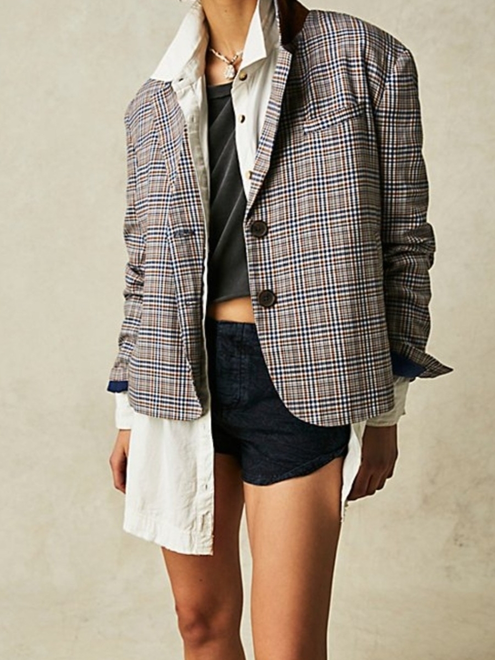 We The Free Brown and Blue Plaid Single-Breasted Blazer